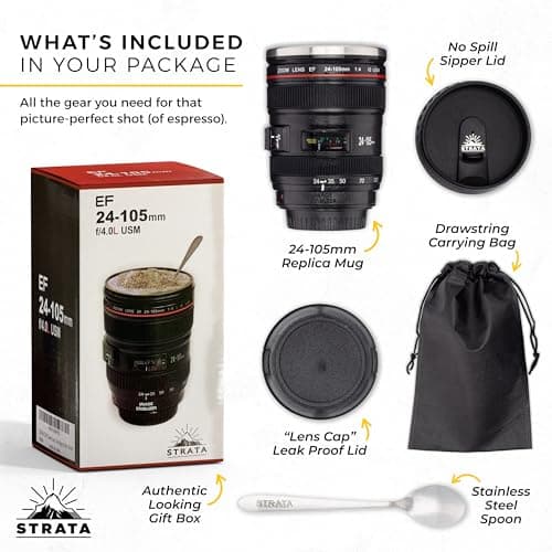STRATA CUPS Camera Lens Coffee Mug -13.5oz | (2 LIDS + Spoon + Bag) Gift for Him, Dad Gifts, Photography, Camera Accessories, Novelty Gifts — view 2