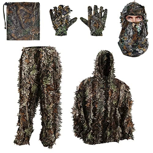 Zicac 5 Pcs Ghillie Suit, 3D Leaf Camouflage Uniform, Mask, Gloves, Storage Bag Set, Suitable for Outdoor Hunting, Wildlife Photography, CS Game