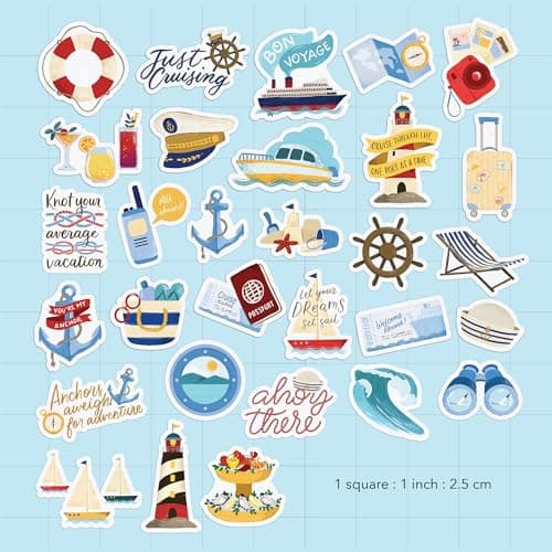 Navy Peony Relaxing Cruise Travel Stickers (30pcs) - Watercolor, Waterproof Cruise Ship Decals for Journals, Scrapbooks, Water Bottle, Suitcase — view 2