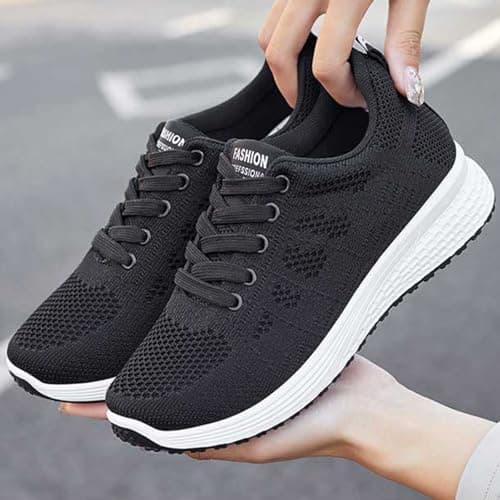 Women's Lightweight Breathable Trainers Running Gym Training Shoes Supportive Comfort with Arch Support Low Wedge Design Lace-up & Slip-on Walking, Hiking, Travel Black — view 6