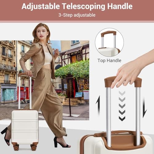 Kono 15 Inch Ryanair 40x30x20 Carry On Hand Luggage, Lightweight Hard Shell Cabin Bag, Small Suitcase with 4 Spinner Wheels (Cream/Brown) — view 4