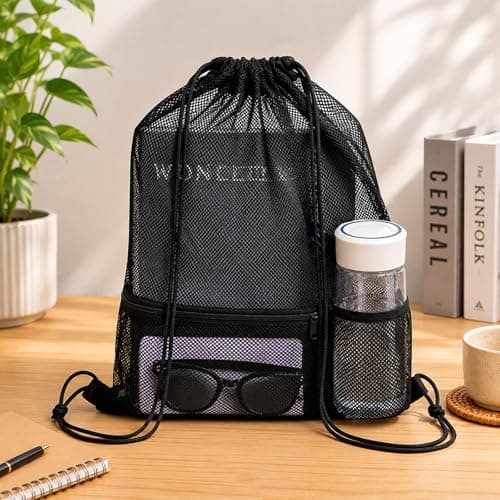 Bruislard 2 Pcs Mesh Drawstring Backpack Bag Heavy Duty Nylon Net Bags with Zipper Pocket Multifunction Mesh Bag Beach Bags for Gym Swimming Beach Toys Clothes — view 3
