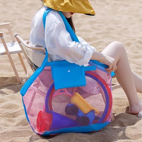 JSTHHTT 2 Pcs Large Mesh Beach Bags, Extra Large Mesh Tote Bags with Pocket, Sandproof, Breathable, Adults Beach Bags for Women, Kids, Unisex, Green, Pink, Multicolour, 45cm x 30cm x 45cm — view 3