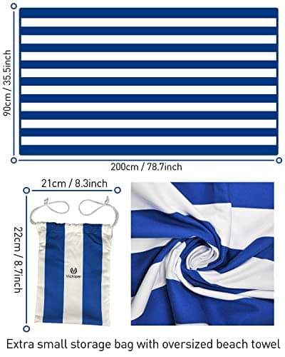 Victoper Microfiber Beach Towel d Rapid Drying Sand Free Soft Compact Lightweight Qualities Beach Towels for Adults Ideal for Swimming Beach Yoga Camping Gym Carry Bag Blue Stripes 79x35 Inch — view 2
