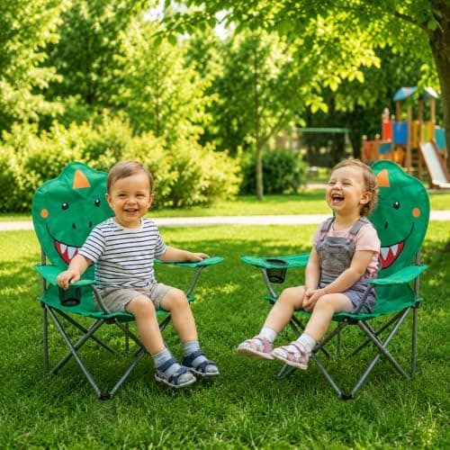 Envenzo Kids Folding Camping Chair, 4 Assorted Animal Designs, 600D Polyester, with Cup Holder and Security Lock, 35x35x60cm (1, GREEN) — view 5