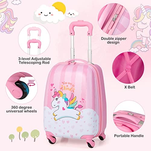 GYMAX 2Pcs Kids Luggage Set, 16"/18" & 12" Girls Suitcase (Pink, 12" & 16") — view 2