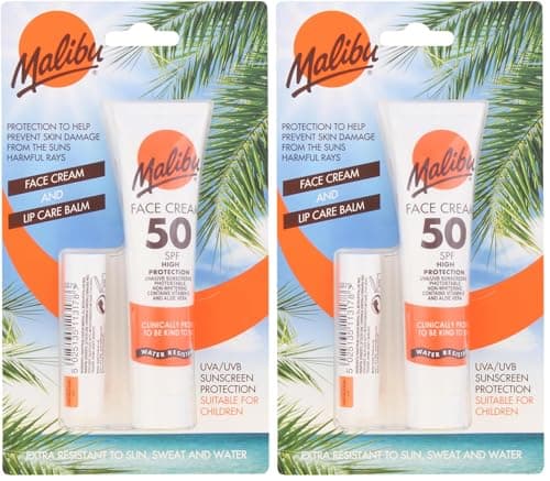 Malibu Sun Duo Pack, SPF 50 Face Cream Sunscreen and SPF 30 Lip Balm Protection, Water Resistant, 2 Piece, 40ml and 5g (Pack of 2)