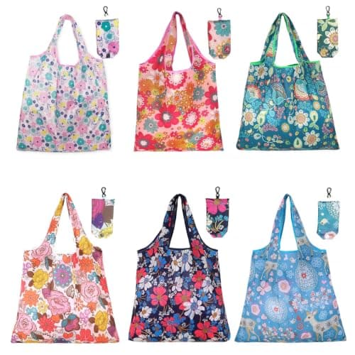 6 Pack Foldable Reusable Shopping Bags,Tote Bags, Grocery Bags with Hook, Eco-friendly Travel Recycle Shopping Bags in Pocket, Waterproof and Machine Washable for Daily Shopping Supplies load