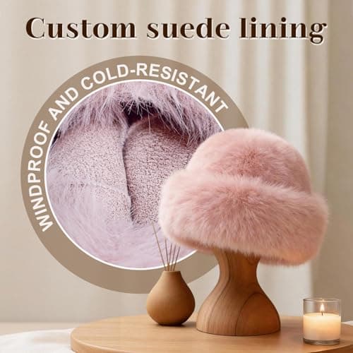 Faux Fur Bucket Hat for Women, Russian Style Winter Fluffy Fuzzy Ladies Hats Travel Hiking Work Home, Chapeau Fourrure Femme Winter Fashion Gift (Pink) — view 6