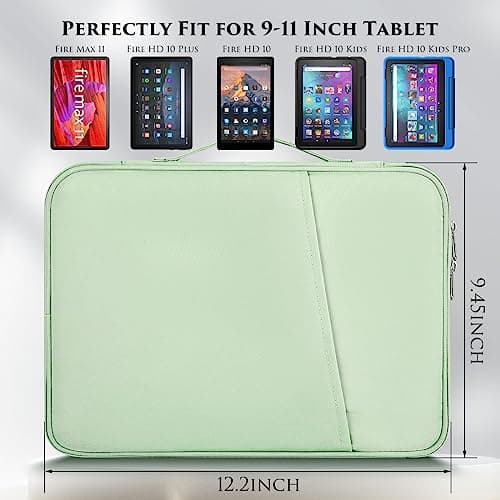 9-11 Inch Tablet Sleeve Case for 2023 Amazon Fire Max 11 Inch/Fire HD 10 Plus & Fire HD 10 Plus Kids Pro 10.1", 11-Inch iPad Pro M4 / Air 11 M3 M2 2025 2024/iPad 11th Tablet Carrying Bag(Green) — view 2