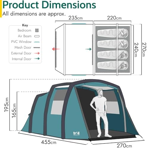 Trail Brazen Inflatable 4 Man Air Tent with Living Area, Family Camping Tunnel Tent, 5000mm Waterproof, Dark Zone Bedroom, Safety Purge Pump and Bag (L455cm x W270cm x H195cm) — view 6