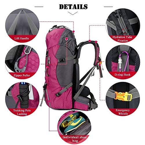 60L Waterproof Ultra Lightweight Packable Climbing Fishing Traveling Backpack Hiking Daypack,Backpack,Handy Foldable Camping Outdoor Backpack Bag with a Rain Cover (Rose Red) — view 4