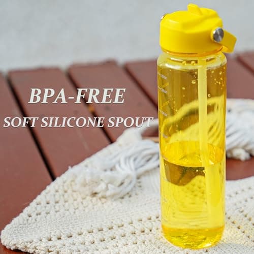 GOPPUS 1000ml/32oz Clear Water Bottle with Straw, Tritan Leakproof Sports Drinking Bottle, BPA Free Wide Mouth Gym Bottle with Handle and Measurement Marks for School, Gym, Travel (Yellow) — view 4