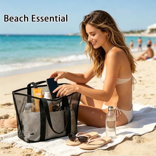 Ehuixinsheng Mesh Beach Bag for Women,Large Black Lightweight Foldable Quick Dry Handheld Hollow Mesh Tote Bags Summer Net Beach Bag for Holiday Travel School Work Shopping Swimming — view 3