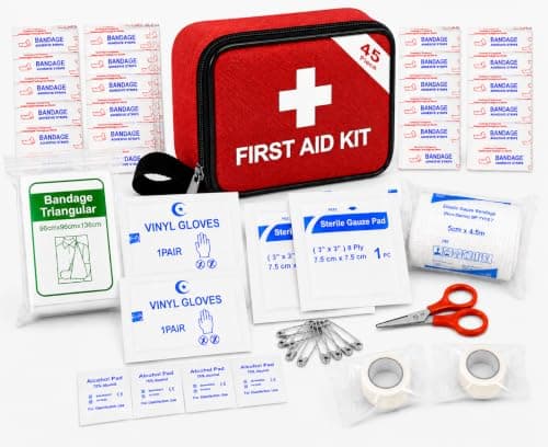 First Aid Travel Kit, Compact 45 Piece Holiday Travel Essentials, Camping, Car, University, Home, Emergency, Water Resistant Case, Lightweight, Space Saving