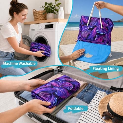 RAVUO Large Beach Bag for Women, 35L Water-Resistant Sandproof Tote with Floating Lining & 8 Pockets, Lightweight Foldable Family Beach Tote for Holiday, Pool, Gym & Travel — view 2