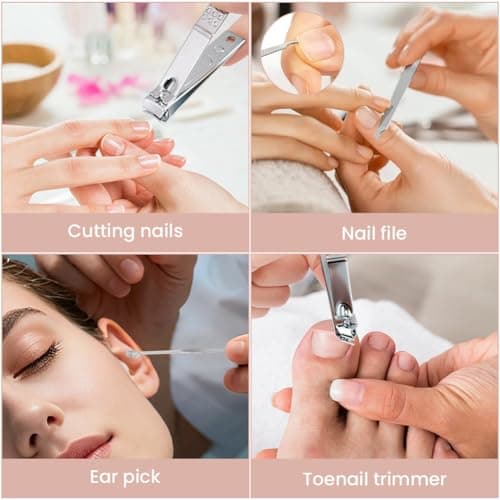 LOPHE Professional Manicure Set, 4pcs Portable Nail Clippers & Eyebrow Grooming Kit, Stainless Steel Nail Care Tools with Luxurious Leather Case for Travel & Home (Pink) — view 4