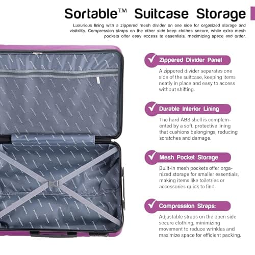 Aerostar 28" Large Suitcase Super Lightweight 4 Wheel Dual Spinner ABS Hard Shell Check in Luggage with Integrated Combination Lock for 23kg (Purple, 100 Litre) — view 6
