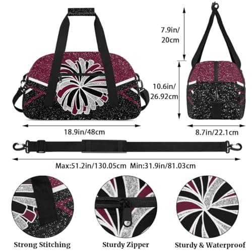 Mardesigns Cheerleading Dance Bag with Makeup Bag, Sport Gym Practice Weekender Carry On Duffel Bag & Cosmetic Bag 2 Pcs Set, Maroon Black — view 3