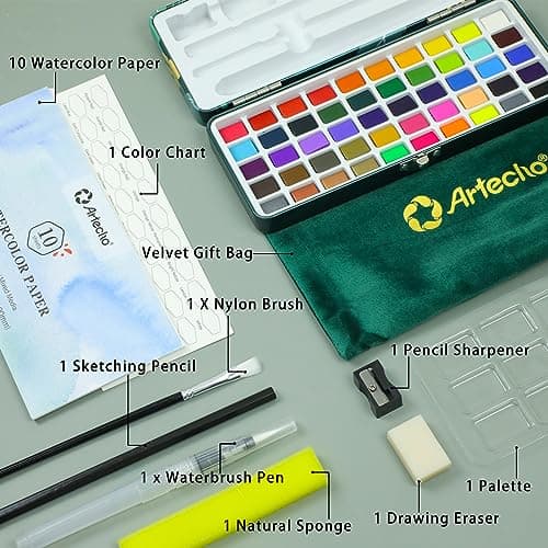 Artecho Watercolour Paint Set 50 Colors in Portable Box Including 4 Fluorescent Colors, Travel Watercolour Set with Water Colour Papers, Brushes and Other Tools, Idea for Artists and Hobbyists — view 3