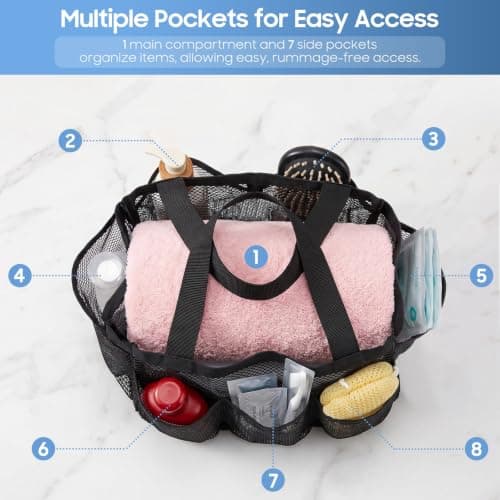 utuher 2 Pack Shower Caddy, Portable Mesh Shower Bag with 8 Pockets, Black — view 2