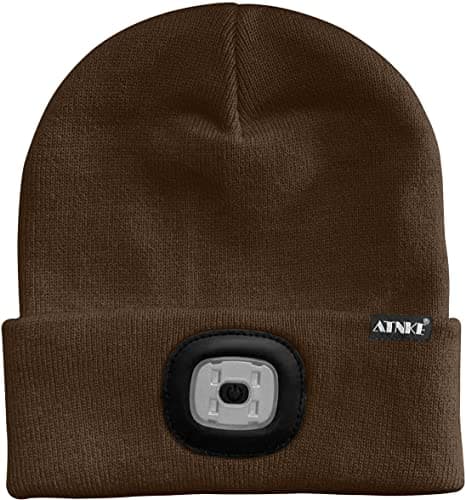 ATNKE LED Lighted Beanie Cap,USB Rechargeable 4 LED Red and Blue Glow Flashing Running Headlamp Hat Winter Warm Gifts for Men and Women/Coffee — view 2
