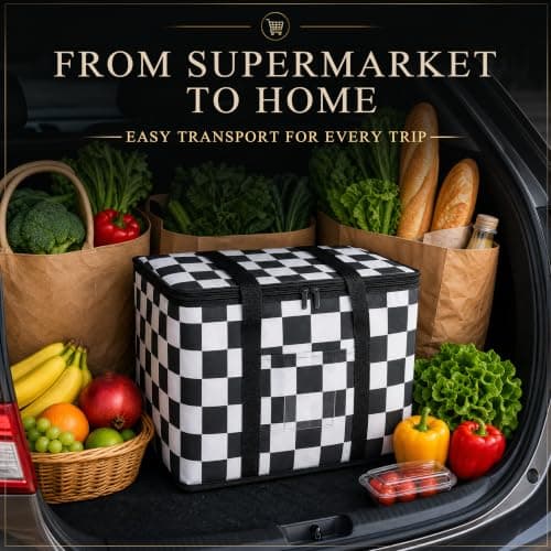 Ohocut Checkered Cooler Bag, Large 40L Foldable Insulated Grocery Shopping Bag, Checkerboard Cool Insulated Food Delivery Bag for Picnic, Camping, Travel (Black White) — view 3