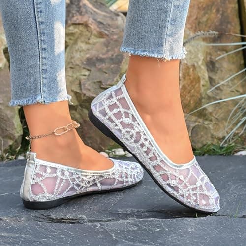 Mesh Ballet Flats for Women Pumps Orthopedic Sequins Dolly Shoes Wide Fit Round-Toe Non-Slip Breathable Summer Ladies Shoes Walking Office Holiday (Silver 6 UK/Foot Length 25cm) — view 5