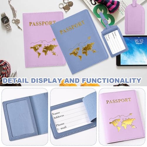 ZDNT 4 Pcs Passport Cover and Luggage Tag,Passport Holder,Passport Cover Luggage Tag Set,PU Leather Passport Holder Travel Wallet Case Organiser for Passport Credit Card Business ((Blue,Purple)) — view 3