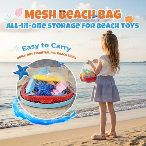 Beach Toy Set for Children, Including 1 Foldable Sand Bucket, Shovel, Rake, 3 Sand Moulds and Mesh Storage Bag, Sand Toys for Toddlers Aged 3+ — view 3