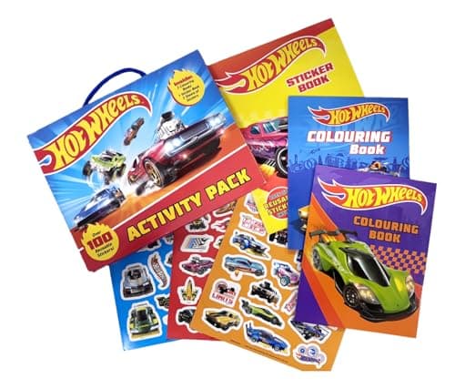 Anila's Hot Wheels Activity Pack – 2 Colouring Books, Sticker Book, 100+ Reusable Stickers & 4 Mini Colouring Pencils – Handy Travel Carry Case – Fun Activity Set for Kids Ages 3–8