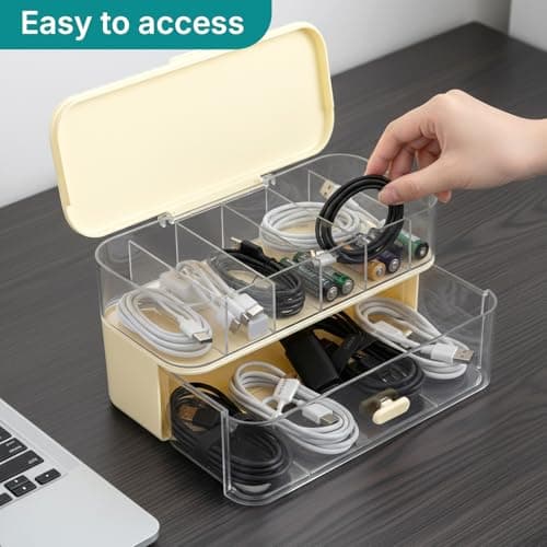 EVERGOODS Dual Layer Charger Storage Box 7 Compartment Data Tidy Cable Management Box, Cord Organizer Box for Desk - Holds Chargers Plastic Storage Box for Charger Organiser (Cream, 8.9"x3.7"x4.9") — view 3