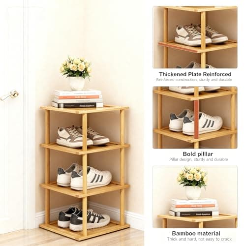Aniston 4 Tier Small Shoe Rack Bamboo, Free Standing Slim Narrow Shoe Storage, Vertical Tall Shoe Shelf Organiser for Garage, Closet, Doorway, Corner, Living Room Small Spaces — view 3