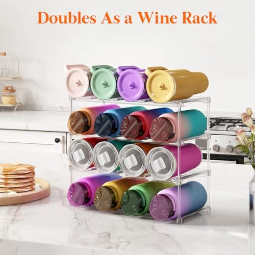 Lifewit Stackable Water Bottle Storage Organiser, Wine Bottle Holder for Cupboard, Plastic Large Compartment Tumbler organiser, Clear Wine Rack, Mug Cup Holder for Kitchen Storage, 4 Tier Hold 16 — view 5