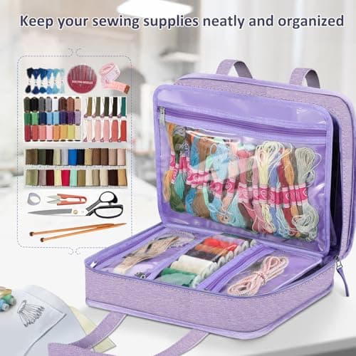 FINPAC Sewing and Craft Supplies Storage Tote, Large Capacity Travel Packing Organizer Bag with Clear Pockets and Handle for Knitting, Crochet, Art, Sewing Accessories(Lavender) — view 4