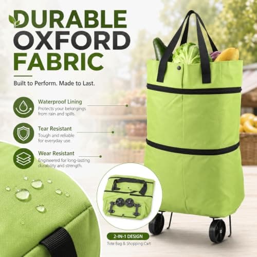 2-in-1 Foldable Shopping Cart with Wheels, Reusable Waterproof Collapsible Grocery Tote Bag, Portable Shopping Trolley for Supermarket, Laundry & Travel — view 4