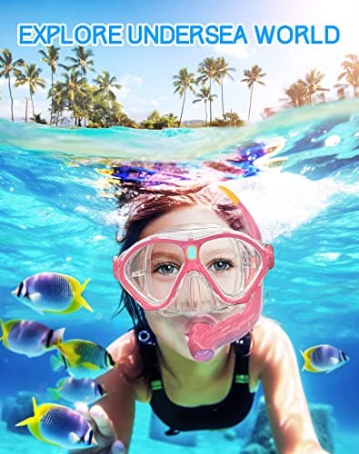 Gintenco Kids Snorkel Set, Dry Top Snorkel Mask Anti-Leak for Youth Junior Child, Anti-Fog Snorkeling Gear Free Breathing,Tempered Glass Swimming Diving Scuba Goggles 180° Panoramic View (Light Pink) — view 2