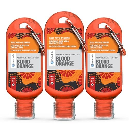 Palm Safe Blood Orange 3 Pack 60ml Anti Bacterial Premium Hand Sanitiser Travel Size Refillable Clip Bottle Quick Drying Non Sticky Extra Moisturising Kills 99.9% of Viruses and Bacteria