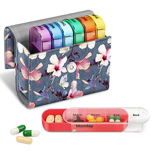 FINPAC Weekly Pill Box 4 Times A Day with PU Leather Case, Hibiscus