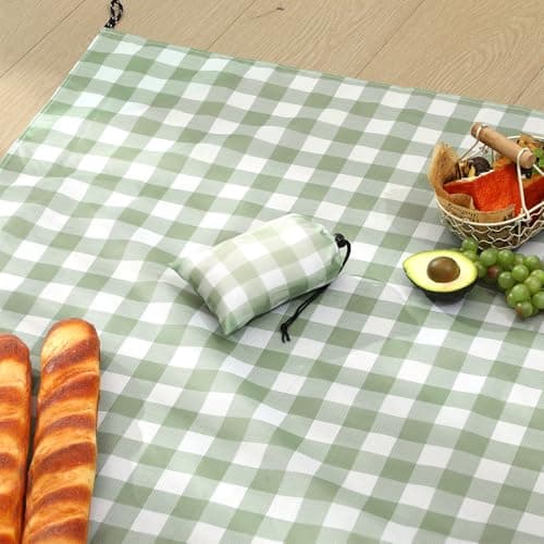 HunnmingRe Gingham Pocket Picnic Blanket Lightweight Portable, Sage Green — view 6