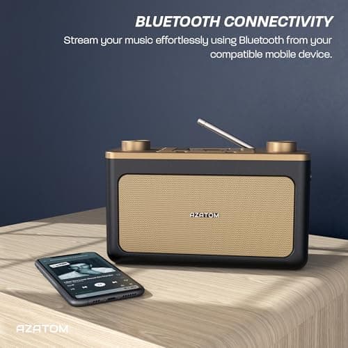 DAB/DAB+ & FM Portable Digital Radio | Leather Design | Bluetooth | Battery & Mains Powered (4x”C”) | Dual Alarms & Sleep Timer | Perfect for Home, Office or Outdoors | AZATOM Classic (Black/Gold) — view 3