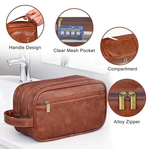 Leather Toiletry Bag Mens Wash Bag with 3 Compartments - Travel Toiletry Bag for Gym & Shaving, Small Washbag for Men, Perfect Travel Gifts for Men — view 4