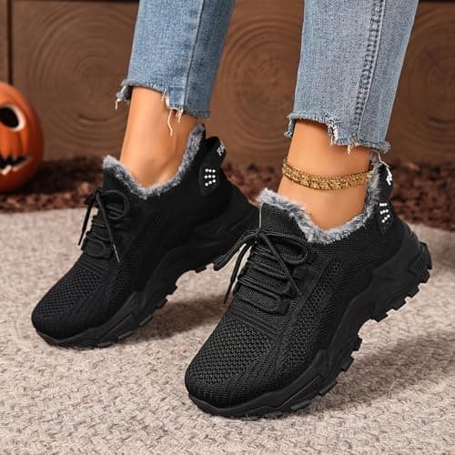 Womens Fleece Lined Trainers Winter Thick Sole Snow Boots Lightweight Lace Up Non Slip Orthopedic Wedge Sneakers Ladies Fashion Comfortable Tennis Walking Jogging Shoes Black — view 3