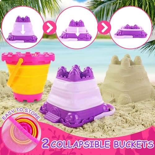 Elovien Beach Sand Toys, 50Pcs Sandpit Toys with 2 Collapsible Buckets and Spade, Mesh Backpack Bag, Ice Cream, Cake & Castle Sand Molds, Summer Outdoor Travel Toys for Kids Toddlers Girls — view 2