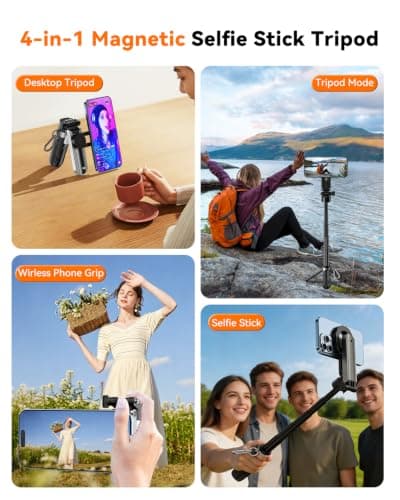 CloudValley Magnetic Mini Selfie Stick Tripod, 4-in-1 Pocket Size Phone Tripod with 360° Rotation, Detachable Bluetooth Remote, Foldable Handle Grip, Compatible with iPhone/Android for Vlog/Photo — view 2