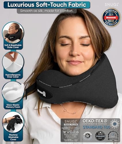 SNUGL Travel Pillow - Neck Pillow Memory Foam, Travel Neck Pillows for Adults, Ideal for Camping, Airplane & Gaming - Travelling Essentials - Gifts for Travellers (Black - Adult Regular) — view 6