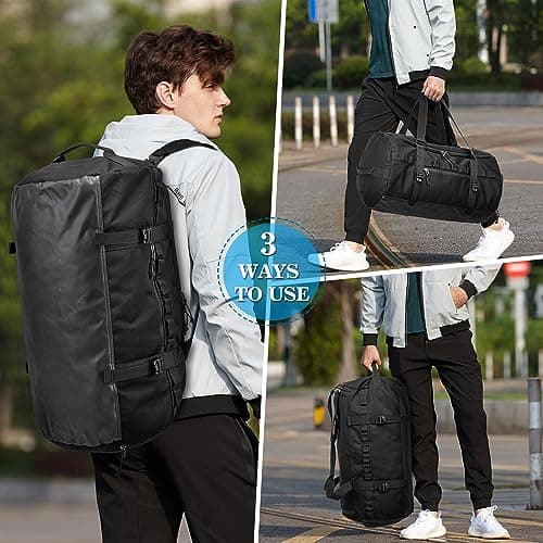 Lyweem Sports Gym Bag Mens - Large 60L Tactical Travel Duffle Bag with Shoes Compartment Women, Overnight Duffel Bag Backpack, Weekend Sports Holdall Bags, Black — view 2