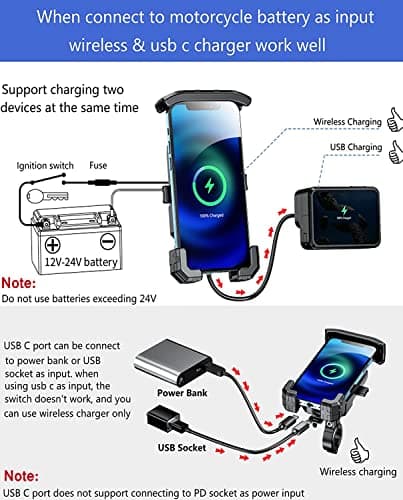 KEWIG Motorcycle Phone Holder - Wireless 15W & USB C 20W Fast Charger, Waterproof Motorbike Phone Mount with Aluminum Alloy Base, Fits 4'' - 7'' Cellphones — view 2