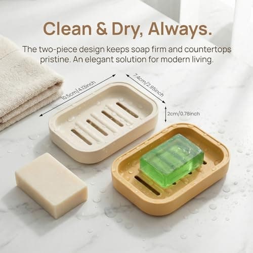 2PCS Soap Dish, Soap Dish for Shower, Double Soap Dish with Drainage, Anti-Slip and PortableSoap Holder for Bathroom, Kitchen Sponges, Keep Soap Dry and Clean(White & Khaki) — view 2