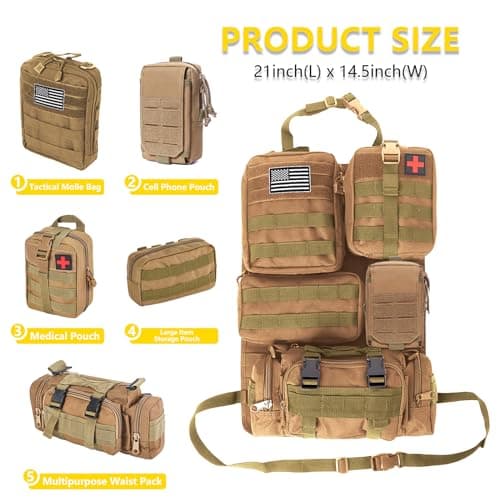 Universal Tactical Car Seat Back Organizer Bag Tactical Molle Vehicle Organizers Panel Gear Accessories with 5 Different Size Molle Pouches for Car Truck Ford Jeep Vehicle (A style-Khaki) — view 3
